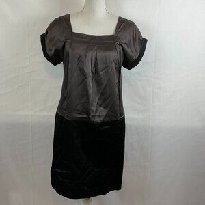 Clione Satin Square Neck Dress Brown Black Short Sleeve New NWT